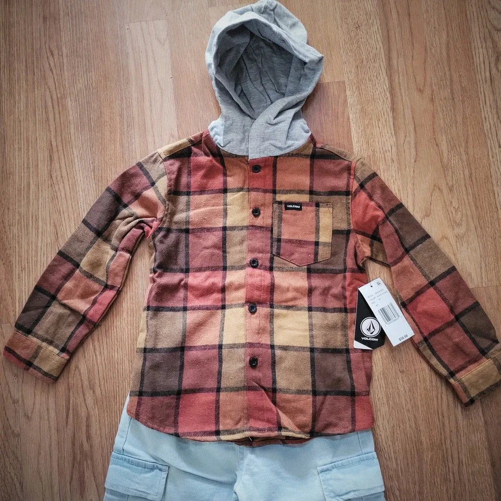 Volcom Boys 2 Piece Set Burnt Orange‎ Plaid Flannel Hoodie Cargo Jogger Pants 4T